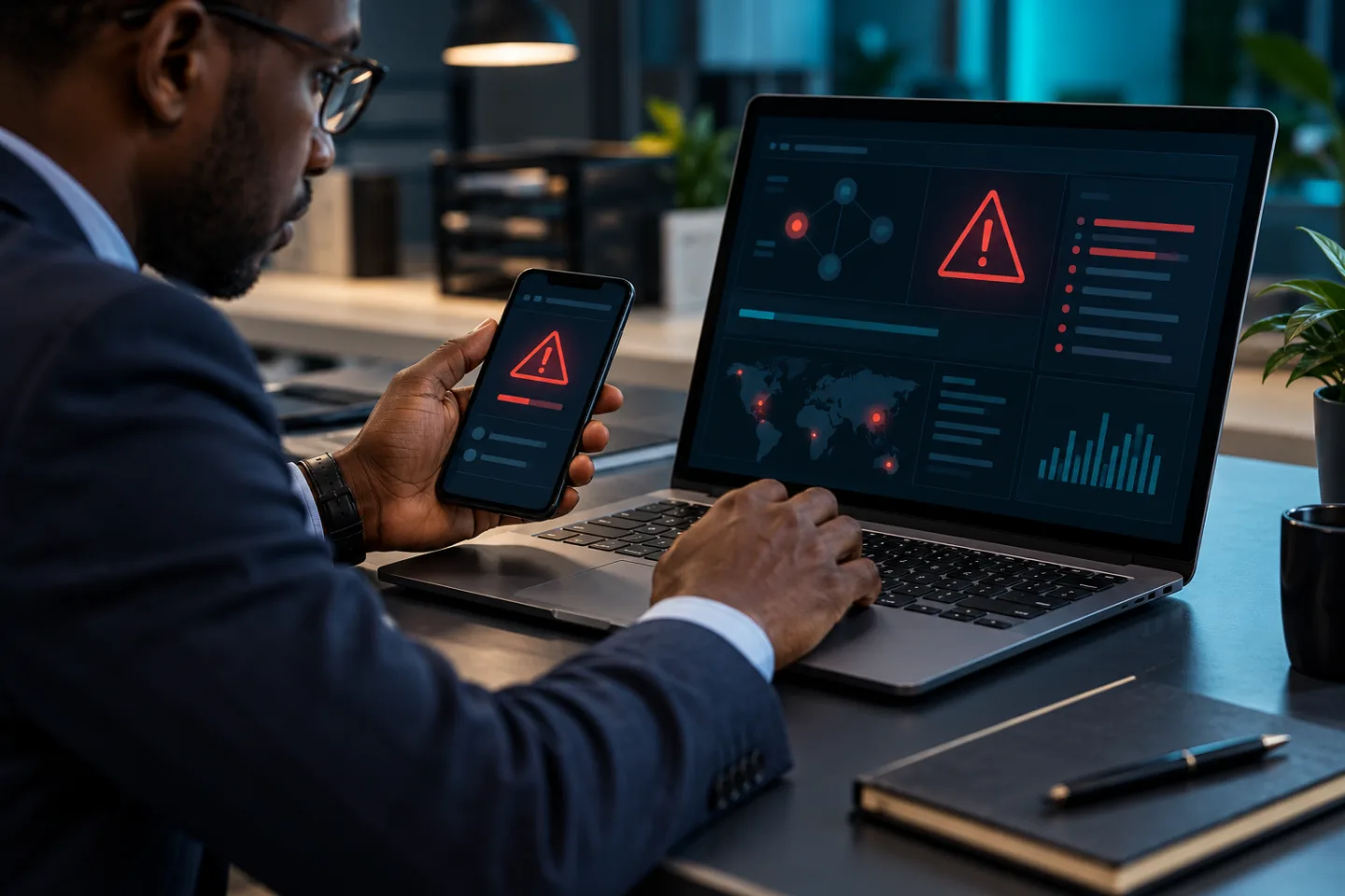 Professionnel examinant une alerte sur un ordinateur