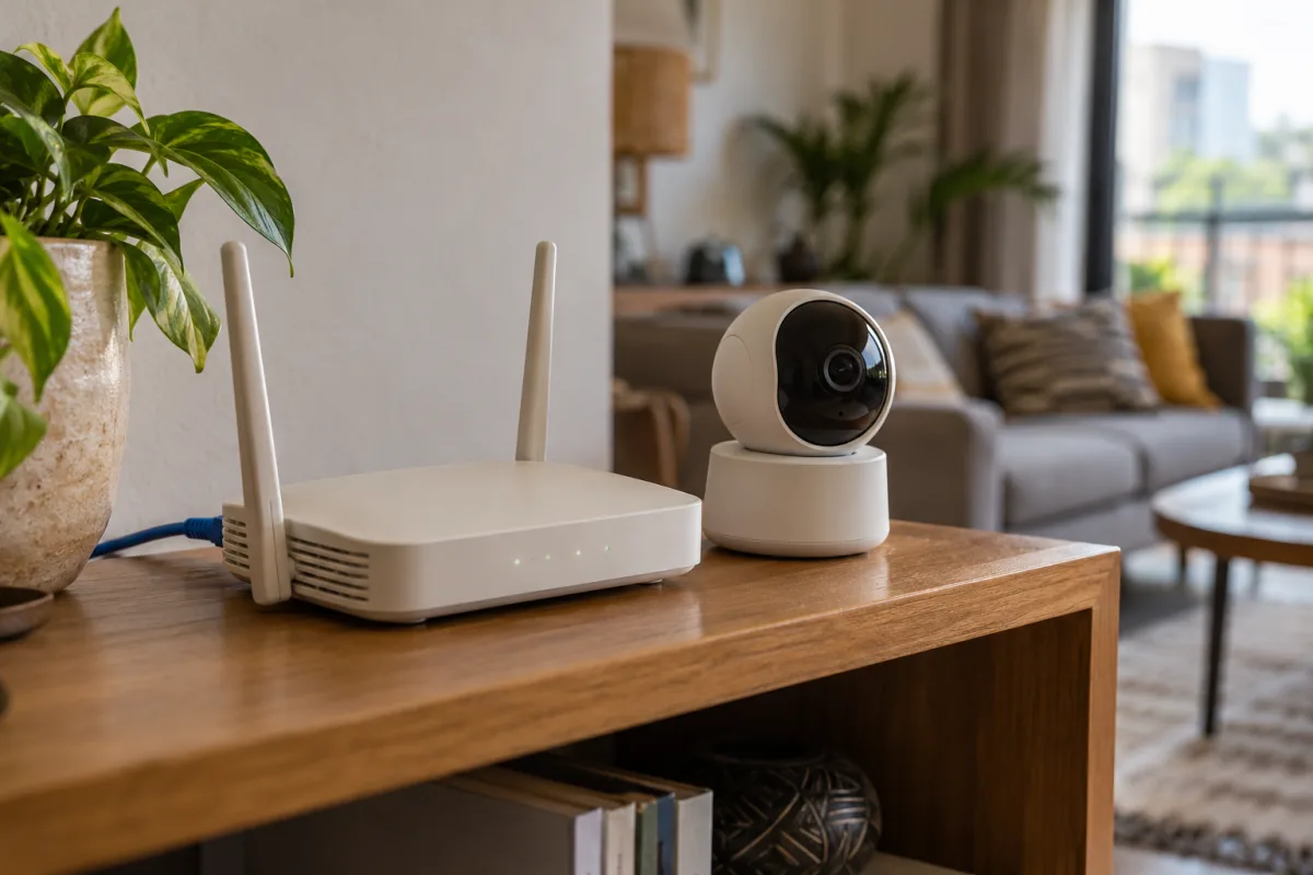 Routeur Wi-Fi et caméra connectée installés dans un logement