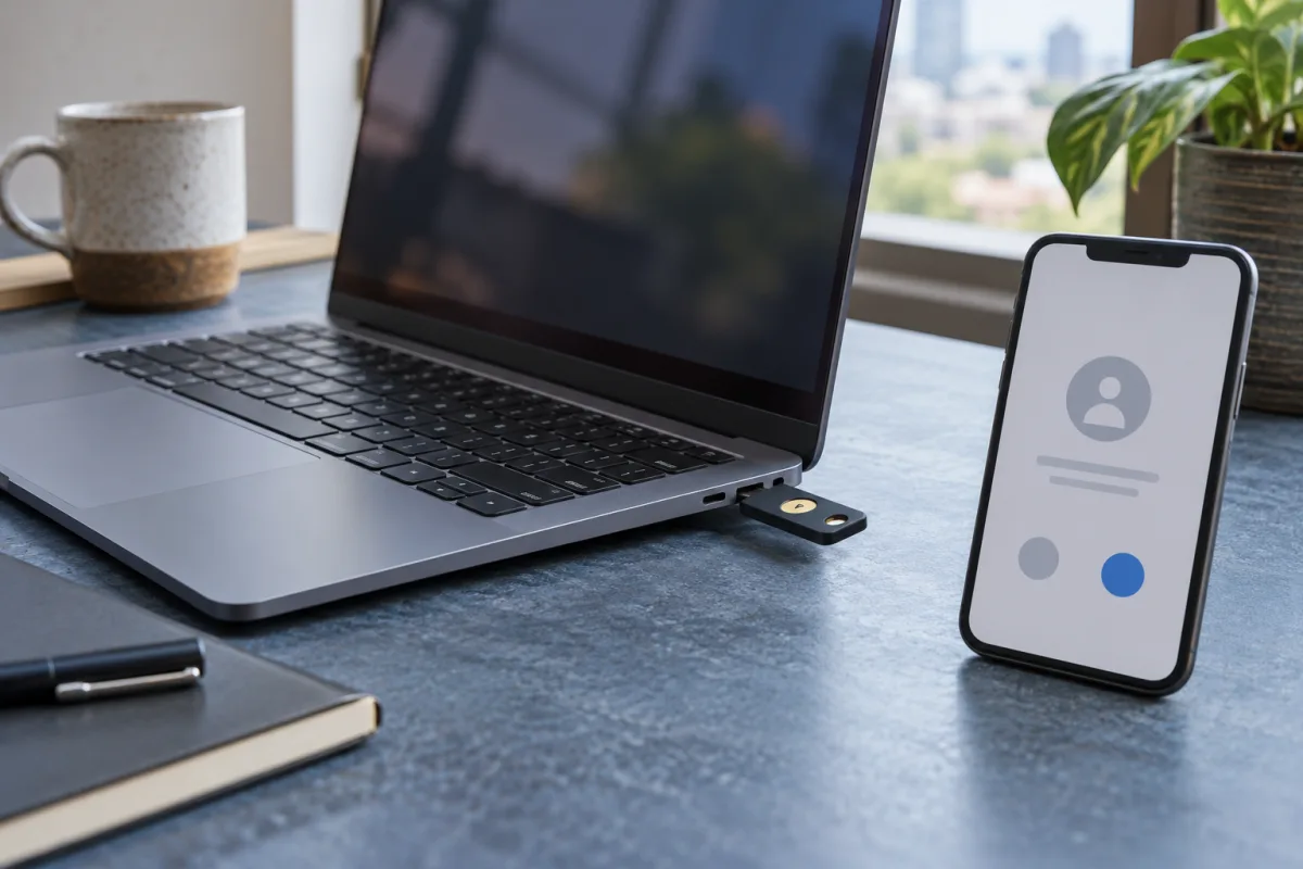 Clé de sécurité branchée à un ordinateur et téléphone d’authentification